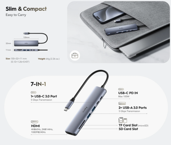 Cudy UH407 7-In-1 HDMI SD/TF 4K USB-C Hub, 60/144/240 Hz - Image 2